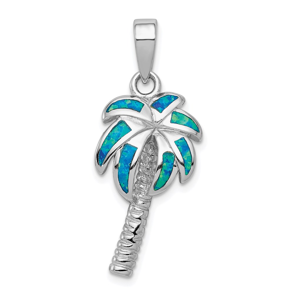 QP1896.jpg Sterling Silver Rhodium-plated Created Blue Opal Inlay Palm Tree Pendant - Image 1