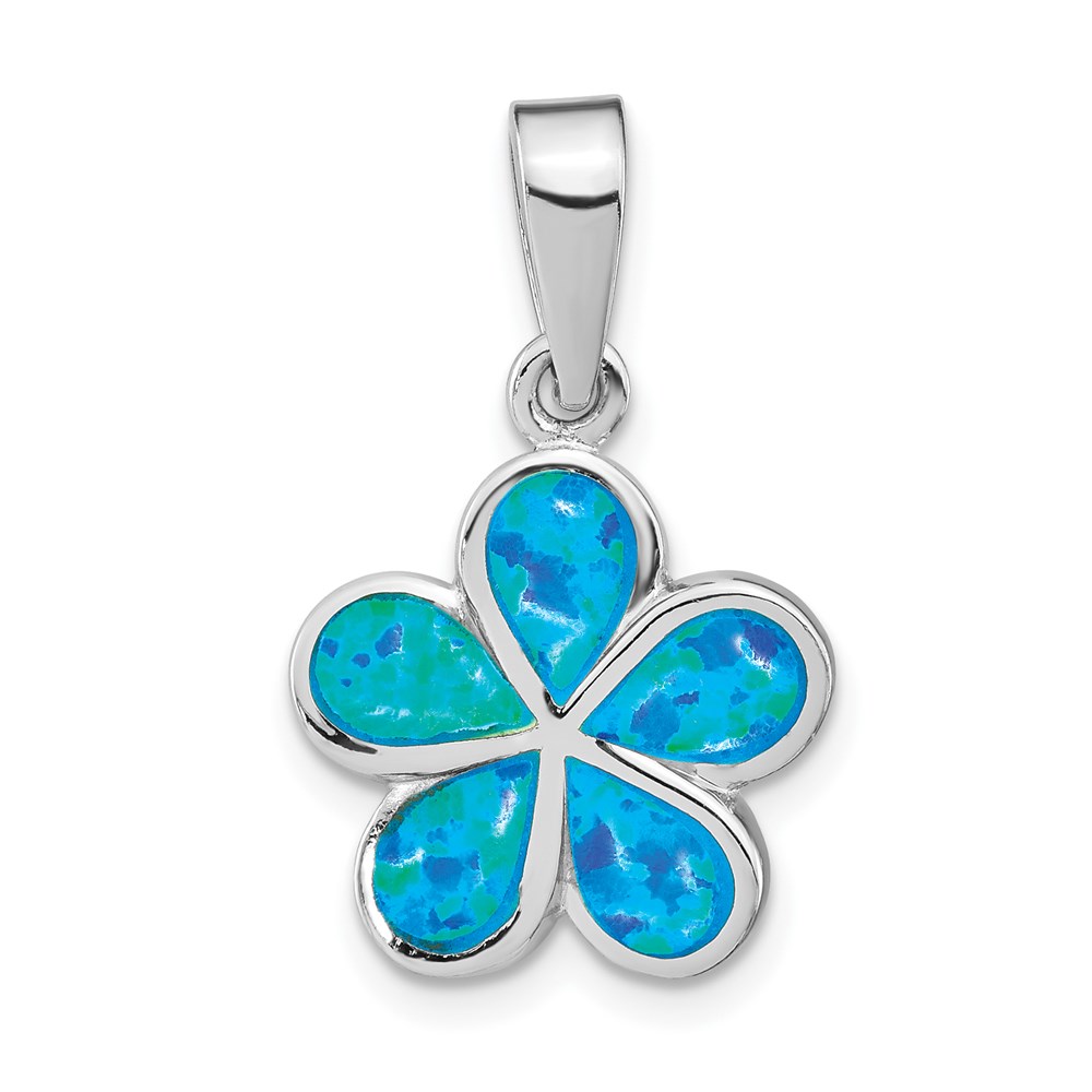 QP1898.jpg Sterling Silver Rhodium-plated Created Blue Inlay Opal Flower Pendant - Image 1