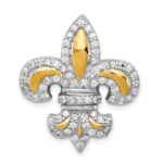 Sterling Silver CZ Fleur de Lis w/ Flash Gold-Plated Chain Slide Pendant