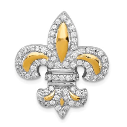 Sterling Silver CZ Fleur de Lis w/ Flash Gold-Plated Chain Slide Pendant