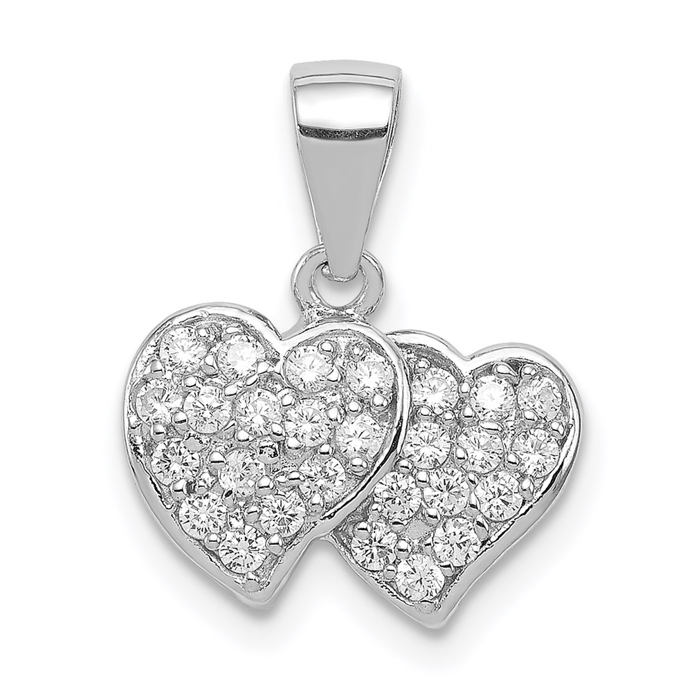 QP2763.jpg Sterling Silver Rhodium-plated CZ Small Double Hearts Pendant - Image 1