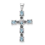 Sterling Silver Rhodium Plated Diamond & Aquamarine Cross Pendant - Image 3