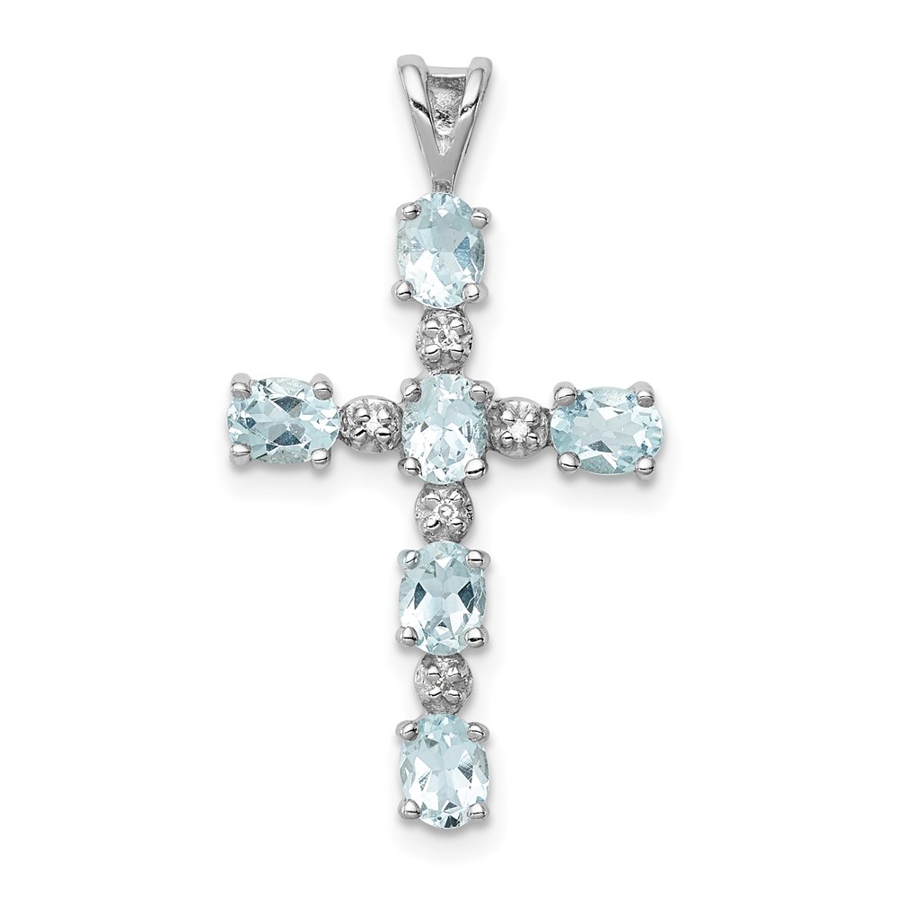 QP2955AQ.jpg Sterling Silver Rhodium Plated Diamond & Aquamarine Cross Pendant - Image 1
