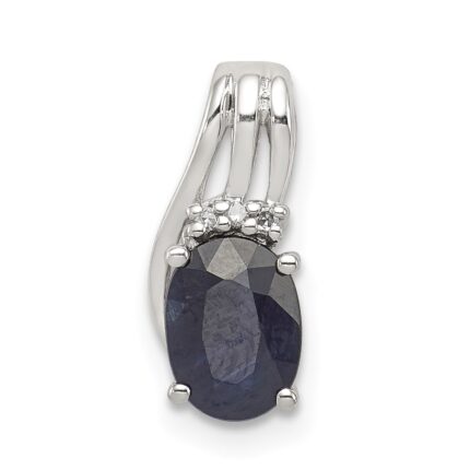 Sterling Silver Rhodium Plated Diamond & Sapphire Oval Pendant