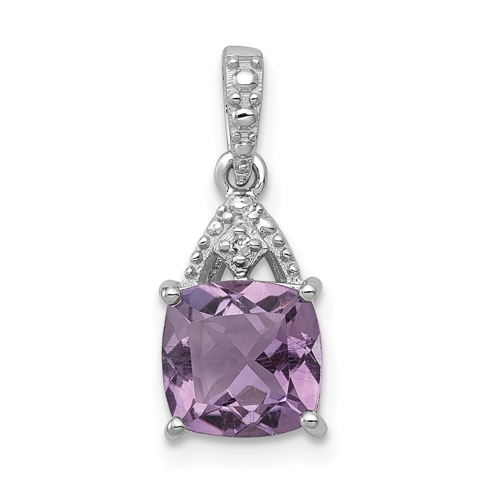 QP2980AM.jpg Sterling Silver Rhodium Plated Diamond and Amethyst Cushion Pendant - Image 1