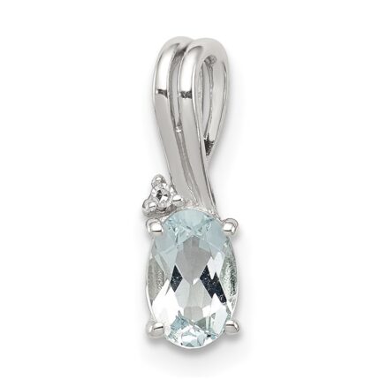 Sterling Silver Rhodium Plated Diamond Aquamarine Oval Pendant