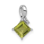 Sterling Silver Rhodium Plated Diamond and Peridot Square Pendant