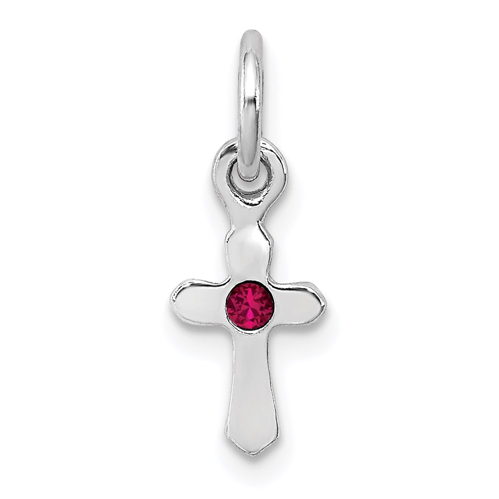 QP4033JUL.jpg Sterling Silver RH-pltd Child's July Red Preciosca Crystal Cross Pendant - Image 1