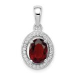 Sterling Silver Rhod-plated w/ Dark Red and White CZ Oval Pendant