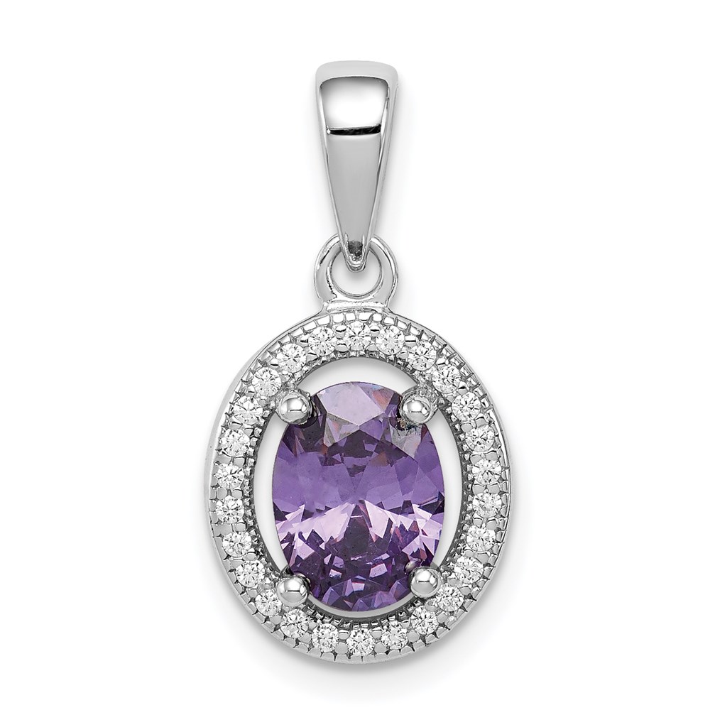 QP4241.jpg Sterling Silver Rhod-plated w/ Purple and White CZ Oval Pendant - Image 1