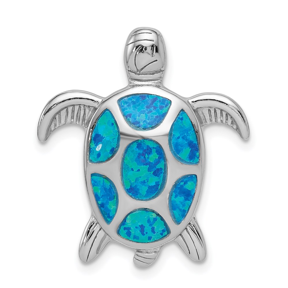 QP4288.jpg Sterling Silver Rhodium-plated Polished Created Blue Opal Turtle Slide - Image 1