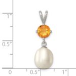 Sterling Silver Rhodium-plated  8-9mm White Teardrop Freshwater Cultured Pearl and .75CI Citrine Pendant - Image 3