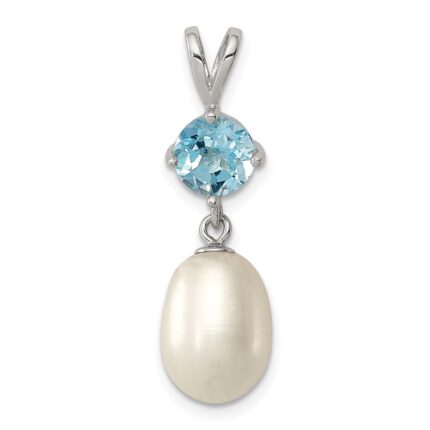 Sterling Silver Rhodium-plated 8-9mm White Teardrop Freshwater Cultured Pearl and 1.05BT Blue Topaz Pendant