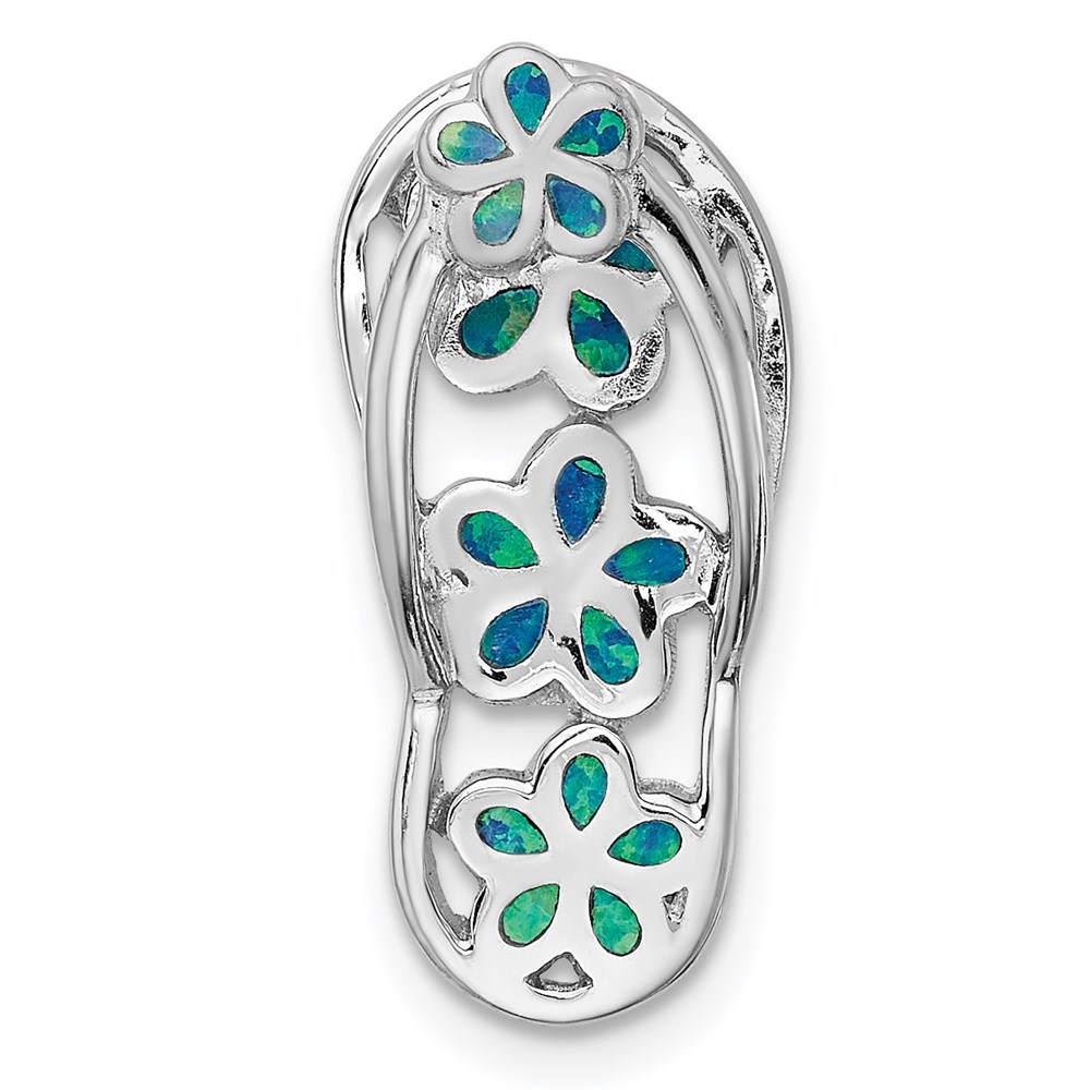 QP4859.jpg Sterling Silver Rhodium-plated Blue Created Opal Flip Flop Pendant Slide - Image 1