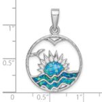 Sterling Silver Rhod-plated Blue Inlay Created Opal Sunrise Pendant - Image 4