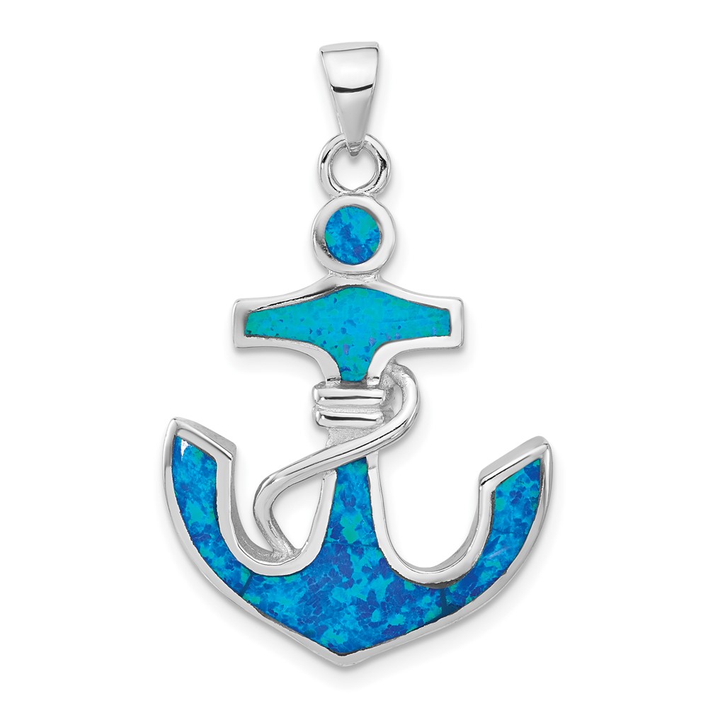 QP4870.jpg Sterling Silver Rhodium-plated Blue Created Opal Anchor Pendant - Image 1