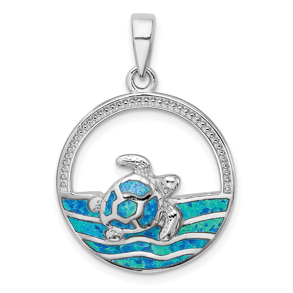 QP4871.jpg Sterling Silver Rhodium-plated Polished Blue Inlay Created Opal Turtle Pendant - Image 1