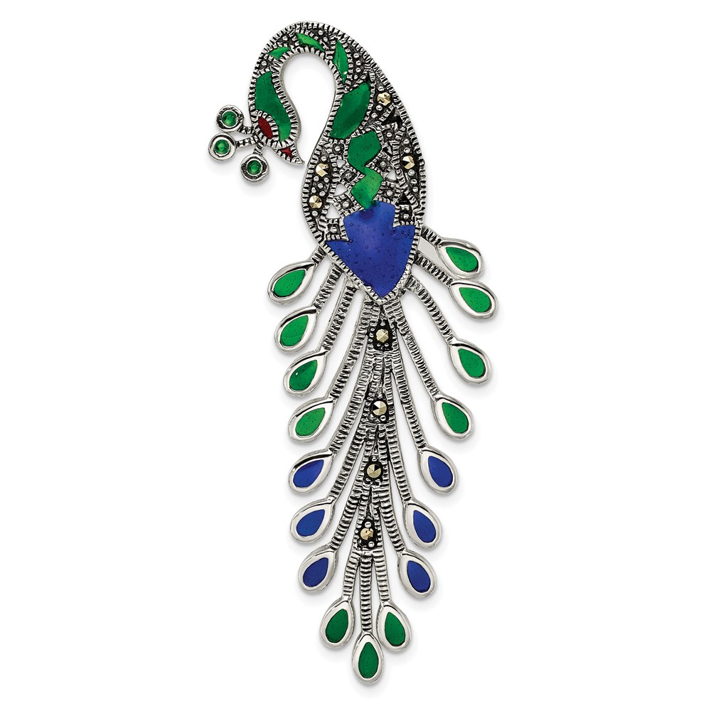 QP5022.jpg Sterling Silver Antiqued Green/Red/Blue Epoxy Marcasite Peacock Slide - Image 1