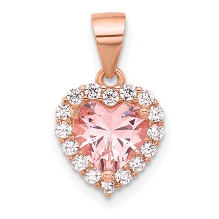 Sterling Silver Rose-plated Pink Crystal Heart and Clear CZ Pendant