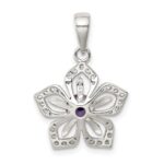 Sterling Silver Purple and Clear CZ Flower Pendant - Image 3
