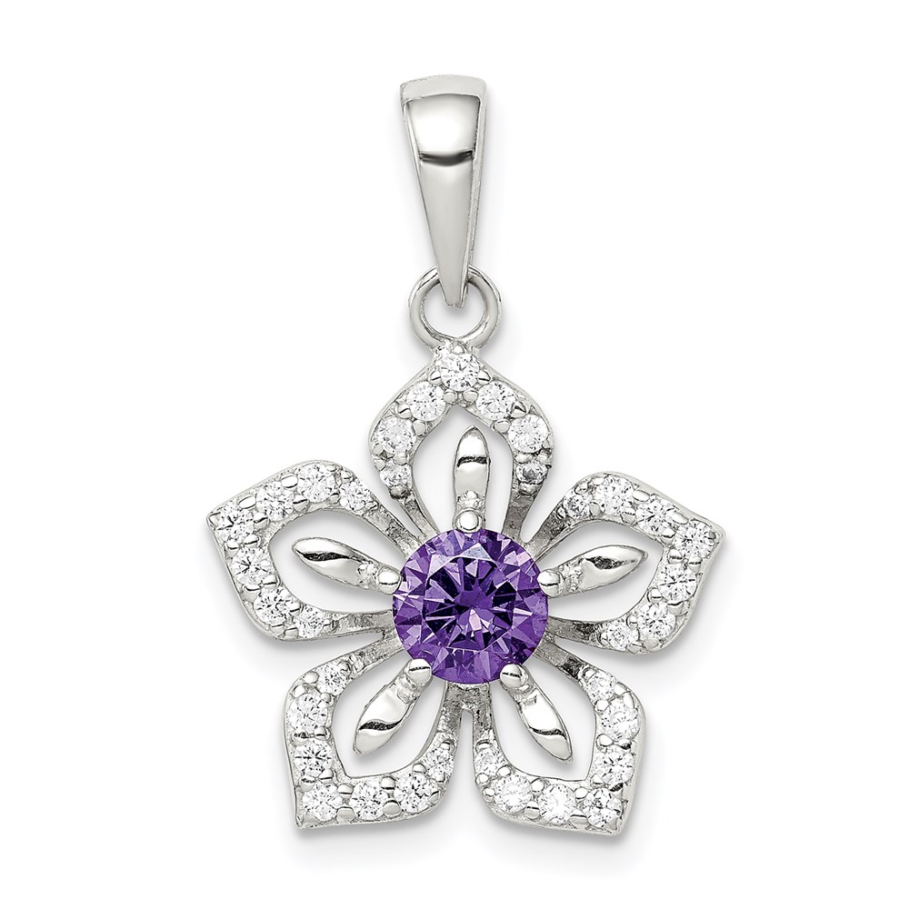 QP5102.jpg Sterling Silver Purple and Clear CZ Flower Pendant - Image 1