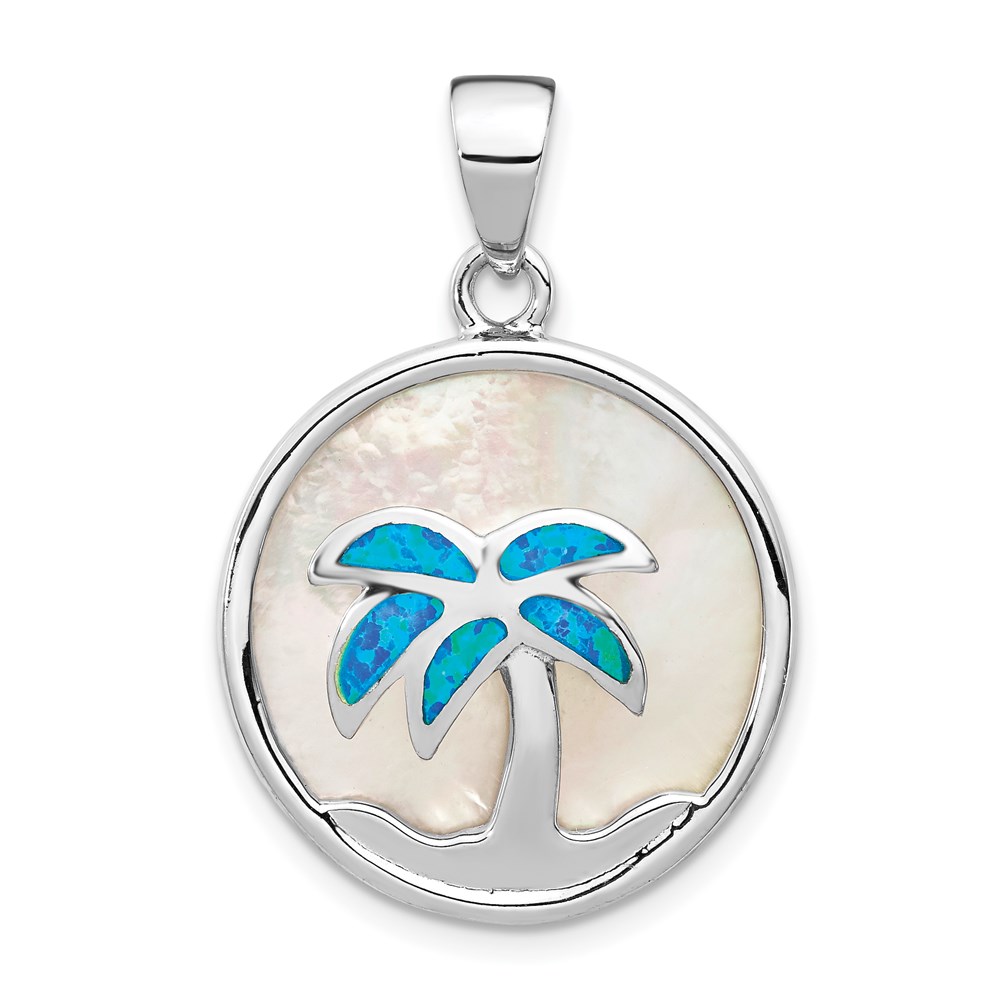 QP5125.jpg Sterling Silver Rhodium-plated Mother of Pearl and Blue Created Opal Round Palm Tree Pendant - Image 1