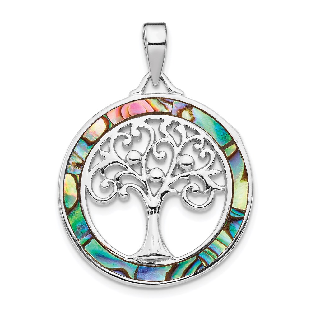 QP5134.jpg Sterling Silver Rhodium-plated Abalone Circle w/Tree of Life Pendant - Image 1