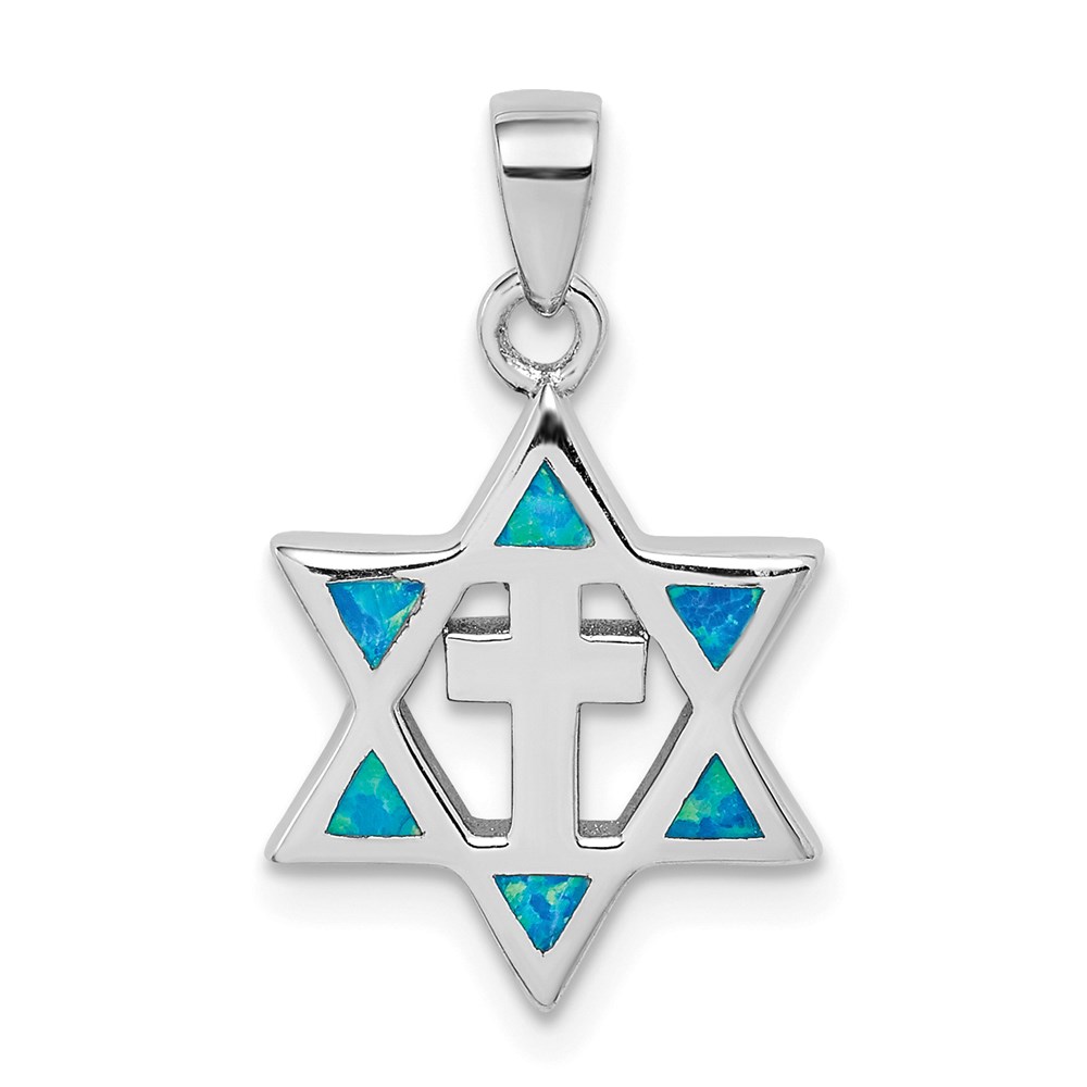 QP5141.jpg Sterling Silver Rhodium-plated Star of David Created Opal CZ Pendant - Image 1