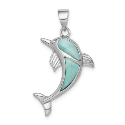 Sterling Silver Rhodium-plated Polished Larimar Dolphin Pendant