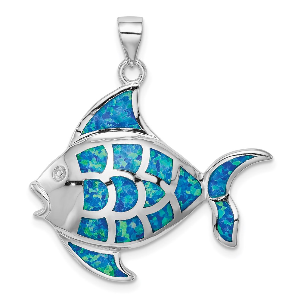 QP5229.jpg Sterling Silver Rhodium-plated Polished Created Blue Opal Fish Pendant - Image 1