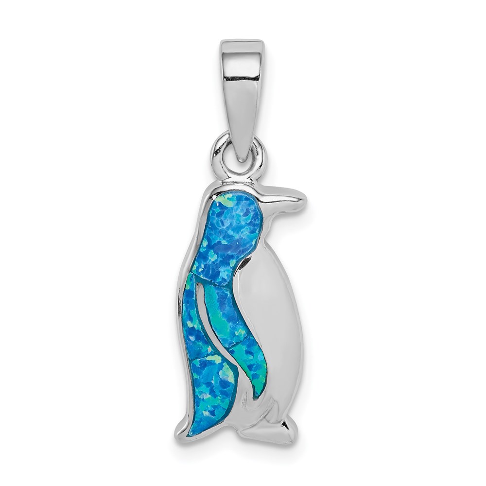 QP5232.jpg Sterling Silver Rhodium-plated Polished Created Opal Inlay Penguin Pendant - Image 1