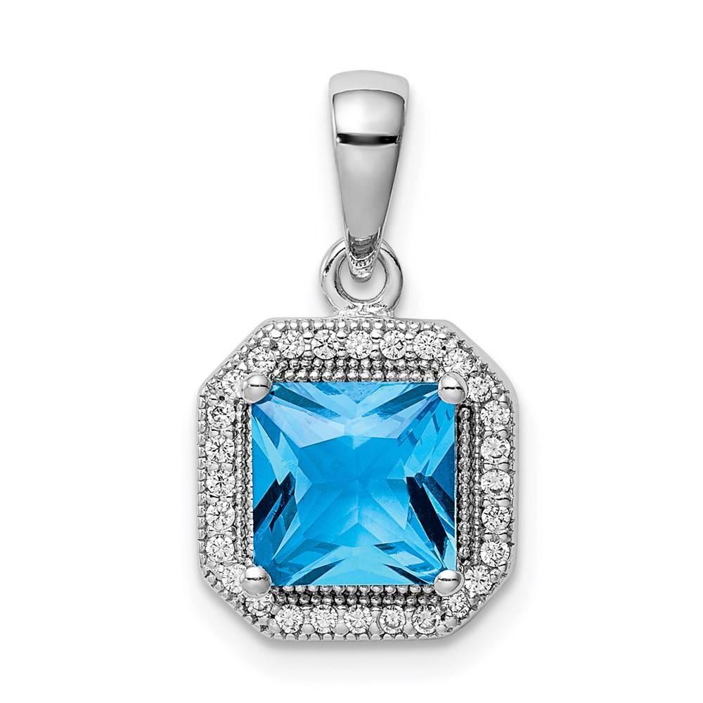 QP5265DEC.jpg Sterling Silver Rhodium Plated Clear CZ and Square Blue CZ Pendant - Image 1