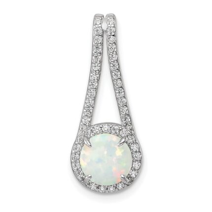 Sterling Silver Rhodium-plated Polished White Opal & CZ Halo Pendant