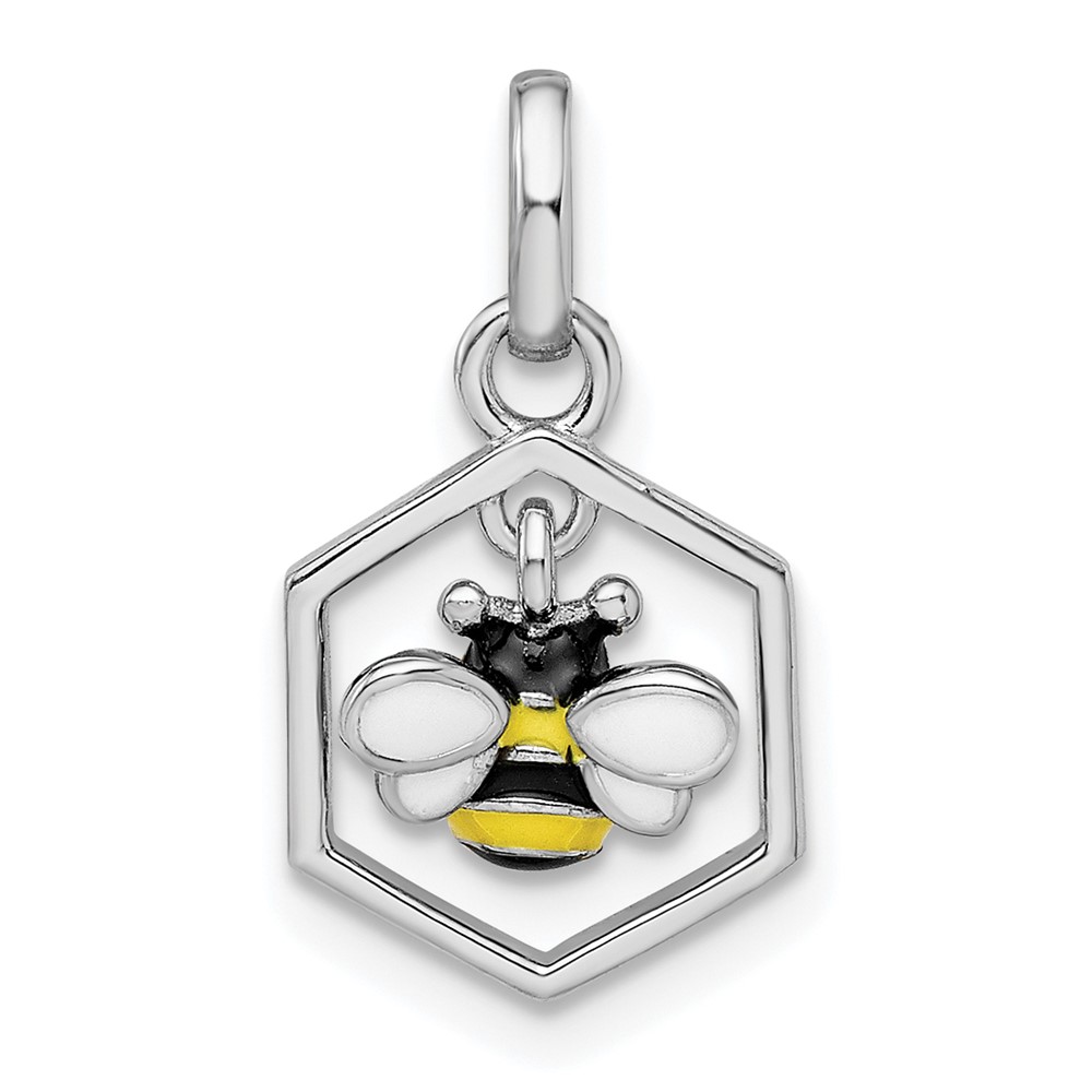 QP5690.jpg Sterling Silver RH-plated Polished Enameled Bee in Hive Children's Pendant - Image 1
