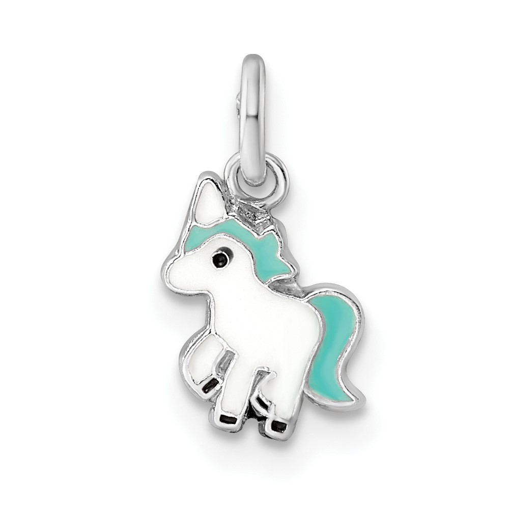 QP5701.jpg Sterling Silver Rhodium-plated Blue, White & Black Enameled Unicorn Children's Pendant - Image 1