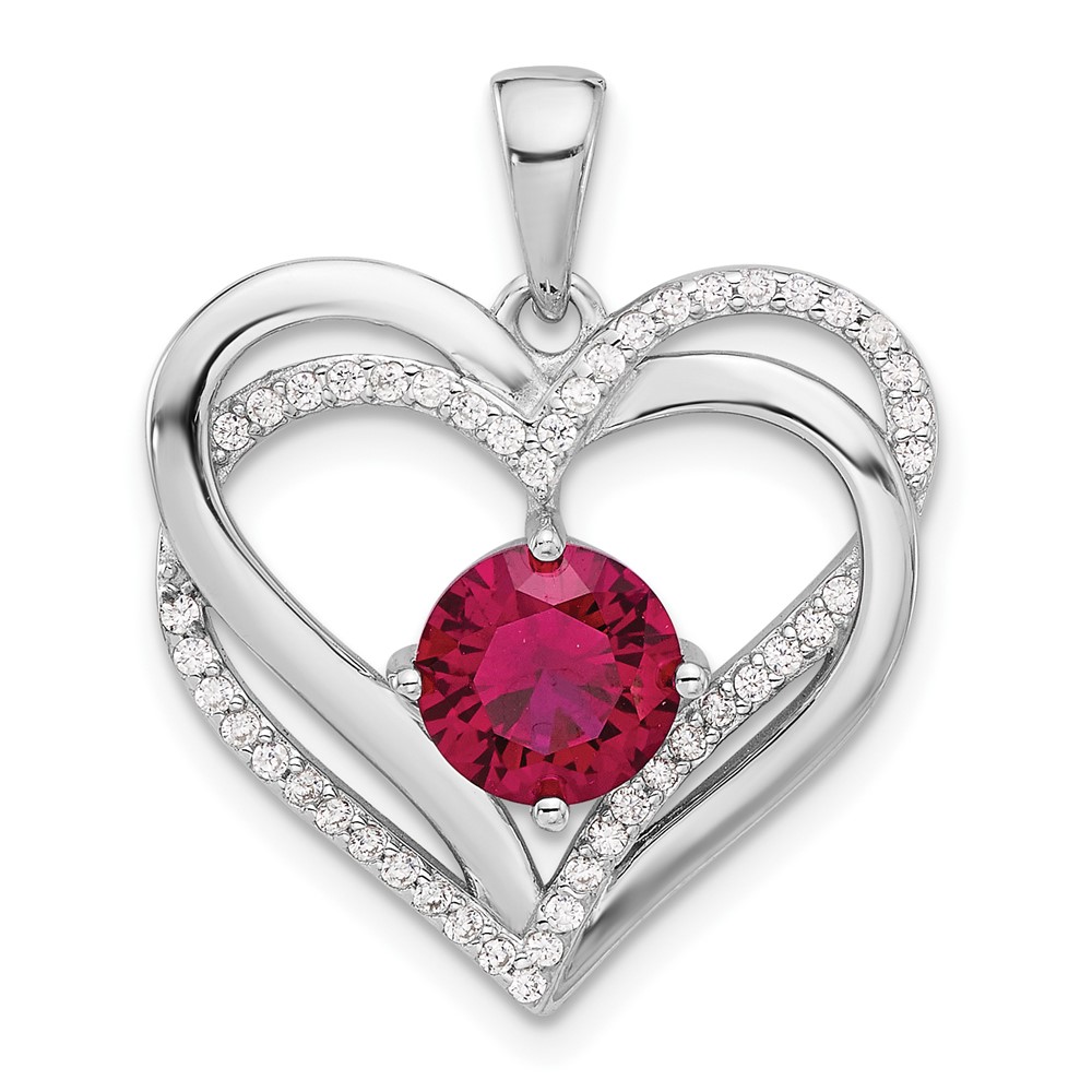 QP5792.jpg Sterling Silver Rhodium-plated Red and White CZ Double Heart Pendant - Image 1