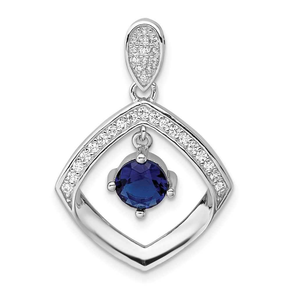 QP5824.jpg Sterling Silver RH-pltd Blue Glass and Clear CZ Fancy Square Pendant - Image 1