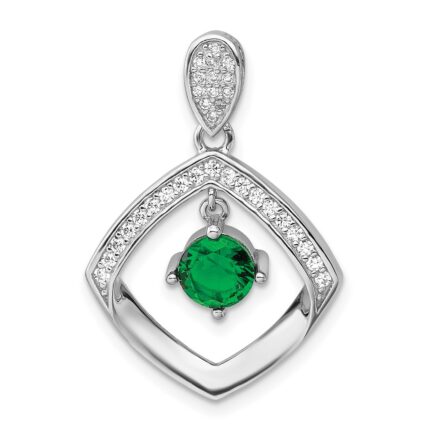 Sterling Silver RH-pltd Green Glass and Clear CZ Fancy Square Pendant