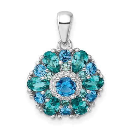 Sterling Silver Rhodium-plated Blue/Green Nano Crystal & CZ Floral Pendant