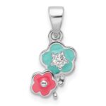 Sterling Silver RH-plated Blue/Pink Enamel & CZ Floral Children's Pendant