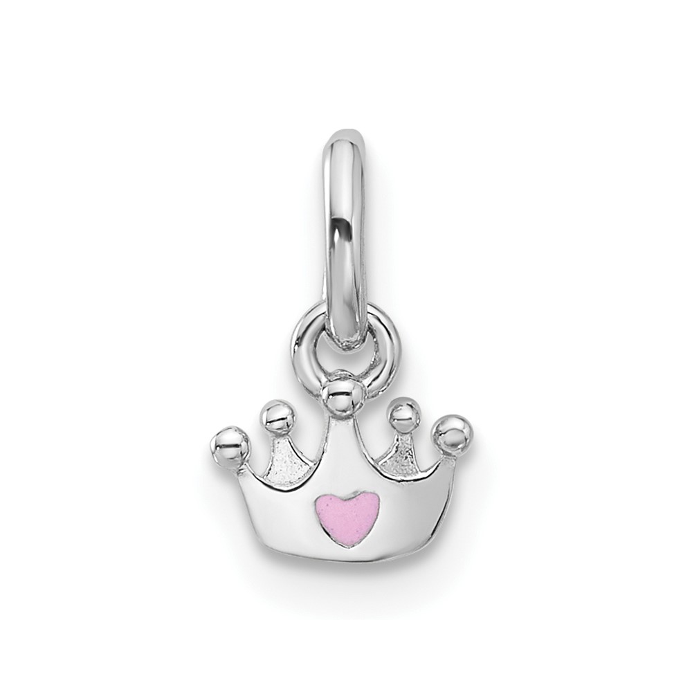 QP5851.jpg Sterling Silver RH-plated Pink Enameled Heart Crown Children's Pendant - Image 1