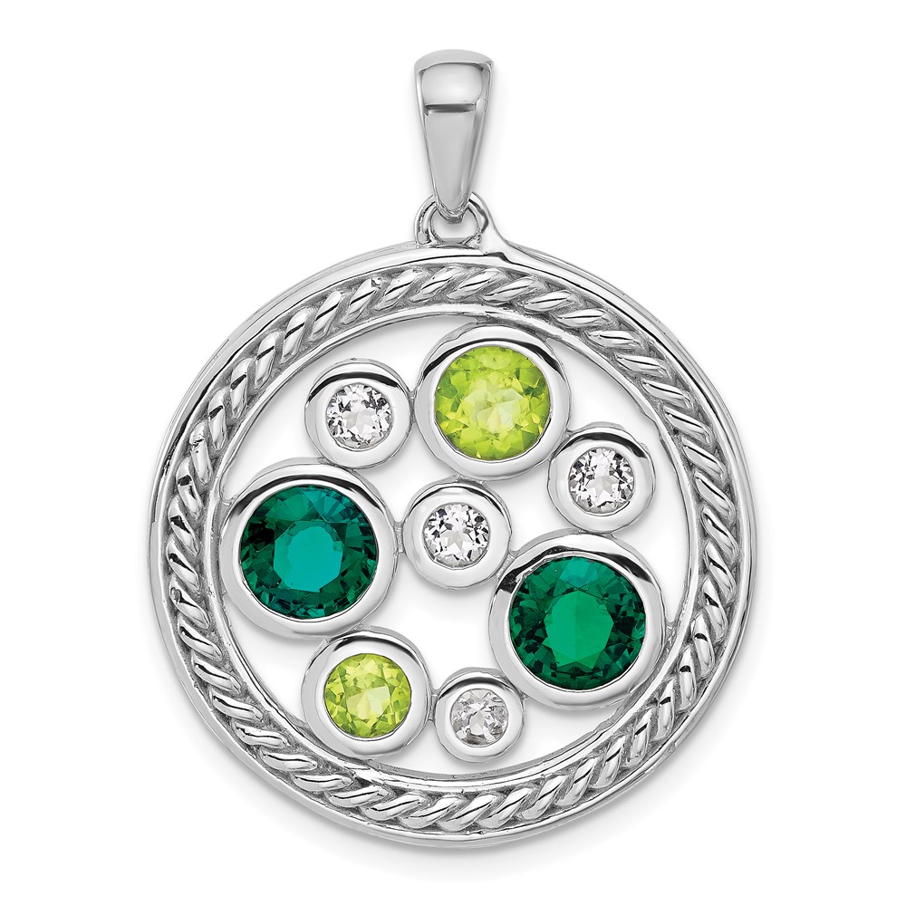 QP5898PE.jpg Sterling Silver Rhodium Cr. Emerald Peridot and White Topaz Circle Pendant - Image 1