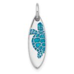 Sterling Silver Rhodium-plated Polished Blue Enamel Turtle Surfboard Pendant