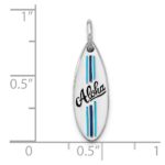 Sterling Silver Rhodium-plated Polished Blue and Black Enamel Aloha Surfboard Pendant - Image 4