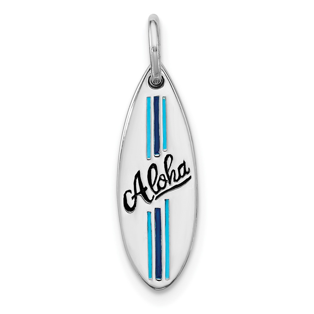 QP5908.jpg Sterling Silver Rhodium-plated Polished Blue and Black Enamel Aloha Surfboard Pendant - Image 1