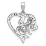Sterling Silver Rhodium-plated Polished and Antiqued Blue CZ Mermaid Heart Pendant - Image 3