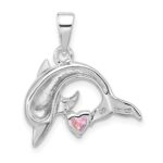 Sterling Silver Rhodium-plated Polished and Antiqued Pink CZ Dolphin Pendant - Image 3