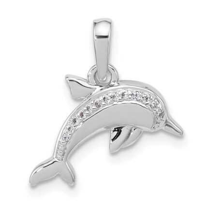 Sterling Silver Rhodium-plated Polished CZ Dolphin Pendant