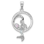 Sterling Silver Rhodium-plated Polished and Antiqued White Pink and Blue CZ Round Mermaid Pendant - Image 3