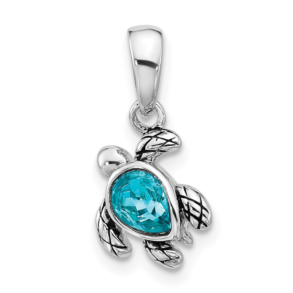 QP5920DEC.jpg Sterling Silver Rhodium-plated Polished and Antiqued Crystal December Birthstone Turtle Pendant - Image 1